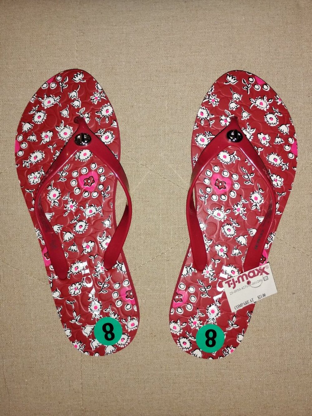 Coach Red Floral Flip Flops - Size 8 - Picture 2 of 13
